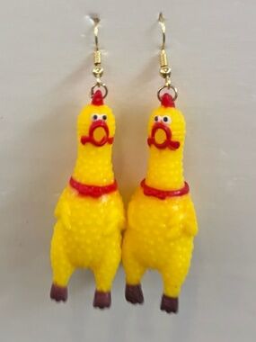 Bright Yellow Squeaky Rubber Chicken Earrings (Choose Gold or Silver Hooks) NWT